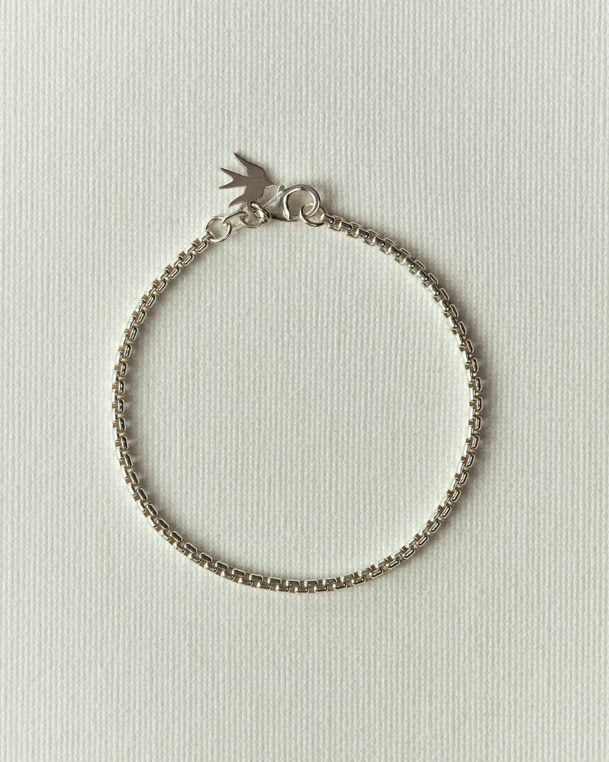 Silver square-link chain with a small swallow charm near the clasp, cream paper