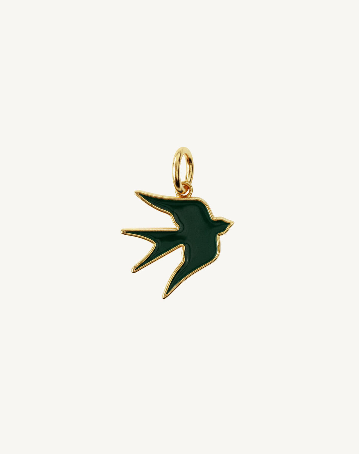 Dark green enamelled bird with spread wings, gold outline and open jump ring