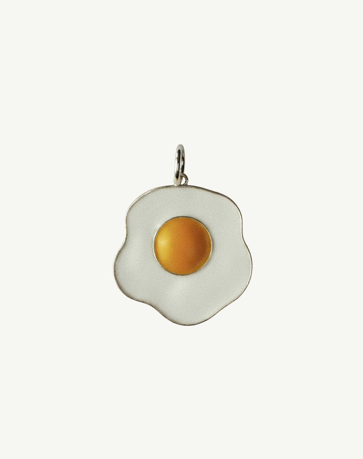 Fried egg pendant in white enamel, orange yolk and silver outline
