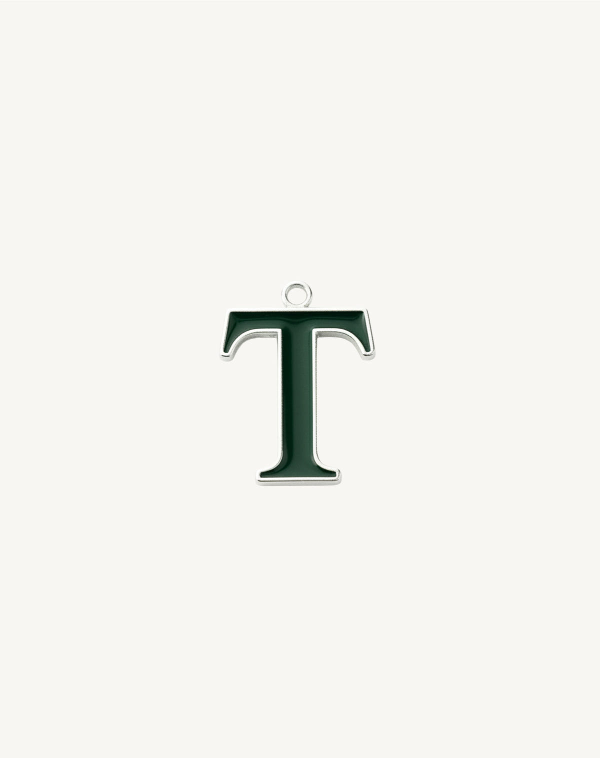 Letter T with a wide crossbar, dark green enamel and silver rim, hanging ring