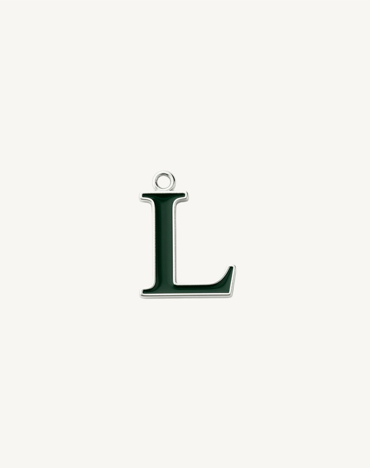 Right-angled letter L, dark green enamel and silver rim, hanging ring