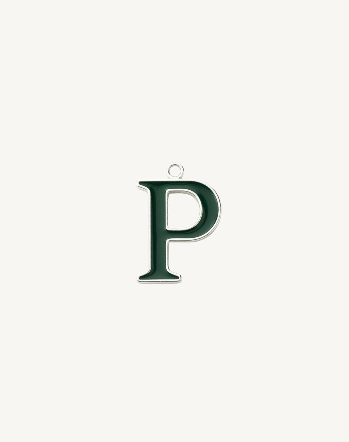 Letter P with a closed bowl, dark green enamel and silver outline, hanging ring