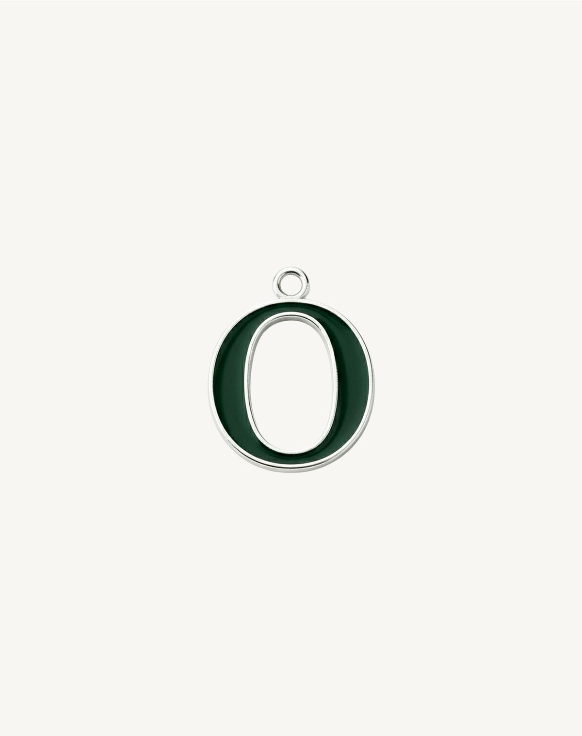 Oval initial O, a wide field of dark green enamel ringed in silver, cream background