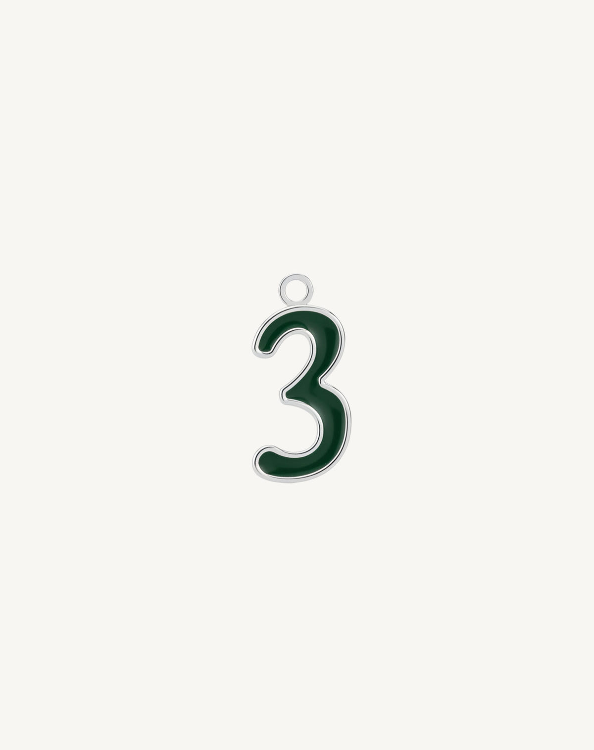 Rounded three in dark green enamel, silver border and open loop