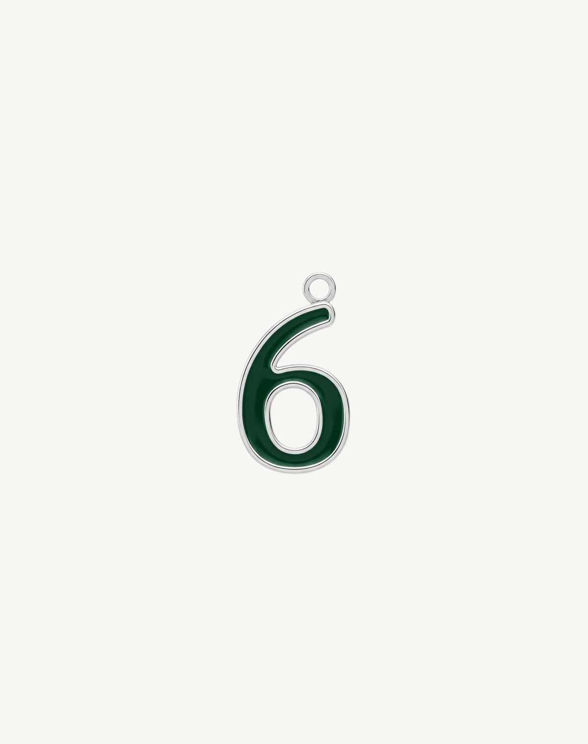 Six with a full loop, dark green enamel edged in silver, on cream